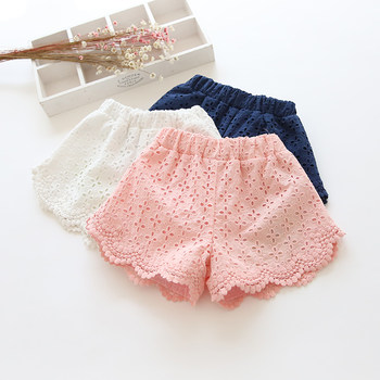 2022 summer new Korean version girls hollow lace cotton shorts middle-aged children's fashion hot pants beach pants all-match