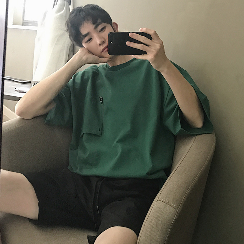 夏天港风宽松CHIC港风青年口袋潮流纯色百搭五分短袖T恤圆领男tee