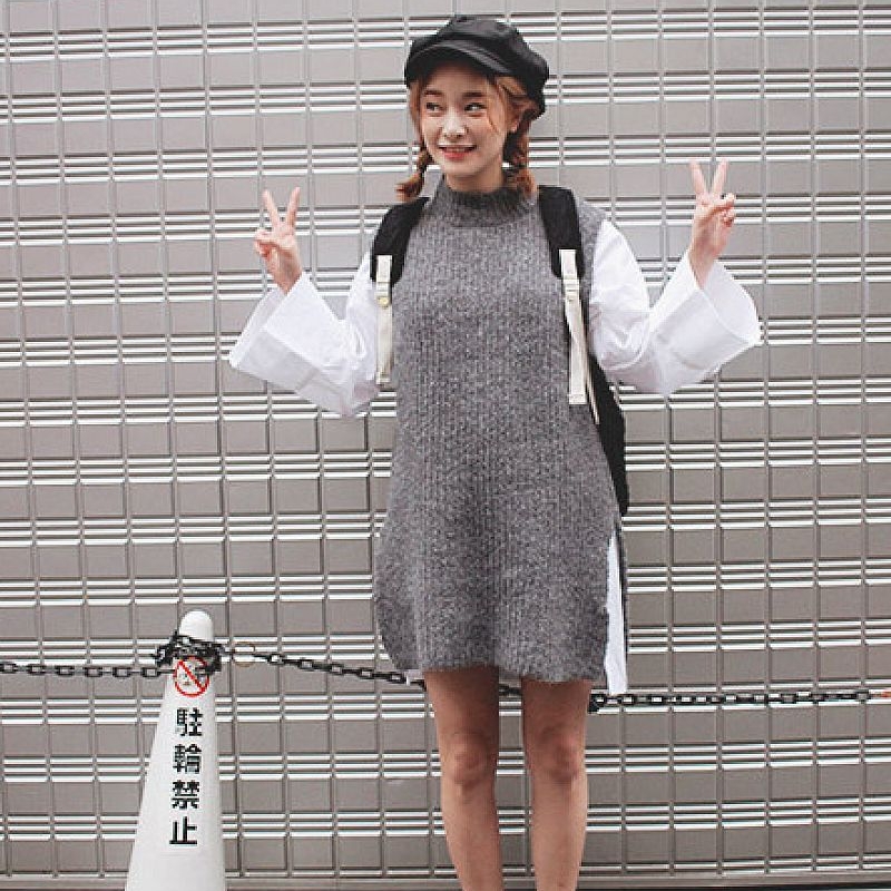 韩国stylenanda官方正品 简约款纯色长款针织马甲-灰色