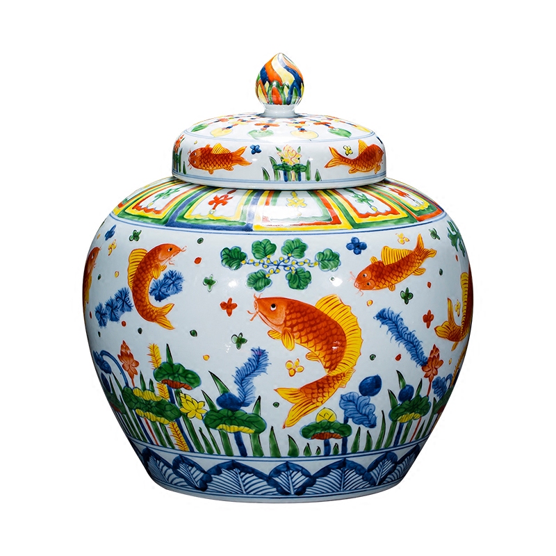 Jingdezhen ceramics imitation Ming vase sitting room home decoration furnishing articles hand - made pastel archaize fish algae general grain tank