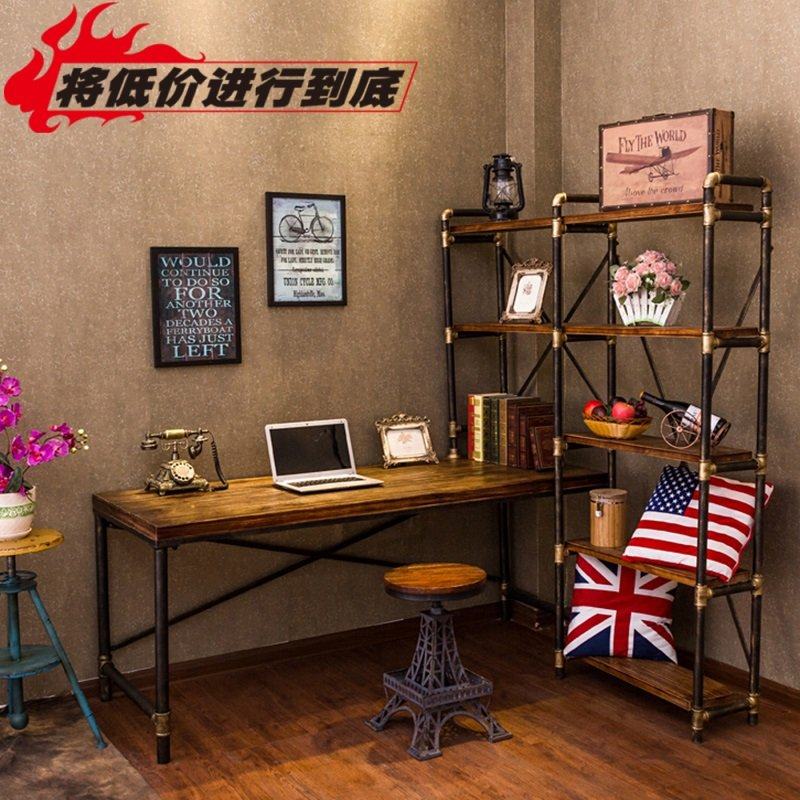 Retro industrial style wrought iron desk bookshelf combination simple solid wood desk computer desk corner home desk