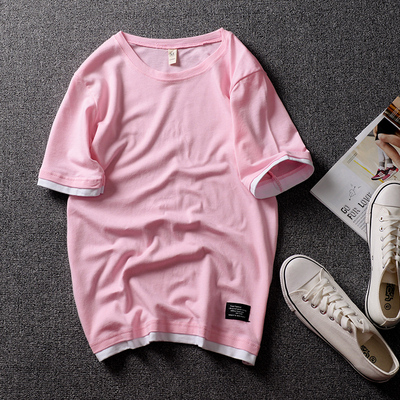 Triều thương hiệu mùa hè nam giả hai ngắn tay màu hồng t-shirt Nhật Bản màu sắc phù hợp với bông teen T-Shirt những người yêu thích nửa tay áo tee Áo khoác đôi