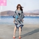 Áo cotton màu xanh và vải lanh màu xanh mùa hè của phụ nữ lỏng lẻo in váy ngắn boho đi biển bên bờ biển - Cộng với kích thước quần áo quần thể thao nữ Cộng với kích thước quần áo