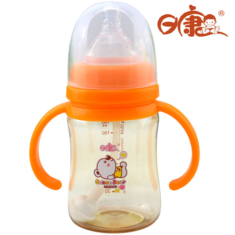 日康宽口有柄自动奶瓶 婴儿手柄PP奶瓶 宝宝径防摔手柄奶瓶180ML