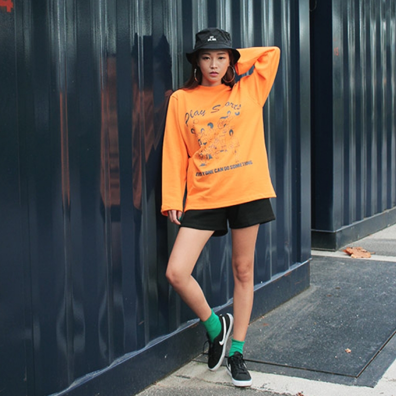 韩国stylenanda官方正品 可爱涂鸦下摆开衩圆领T恤-橙色