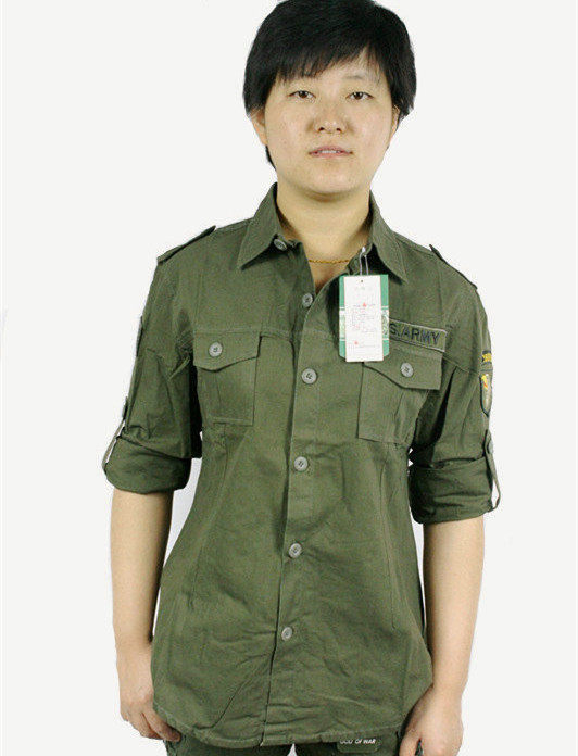Army fan long-sleeved shirt women's spring and Autumn outdoor cotton lapel epaulette slim shirt Army green frock top women