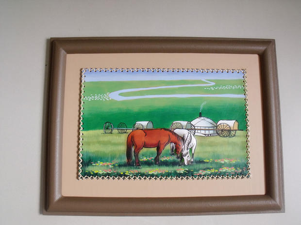 Mongolian Crafts Mongolian Features Mongolian Coal Paintings Decorative Paintings Leather Handmade 34*42cm Morning Horse