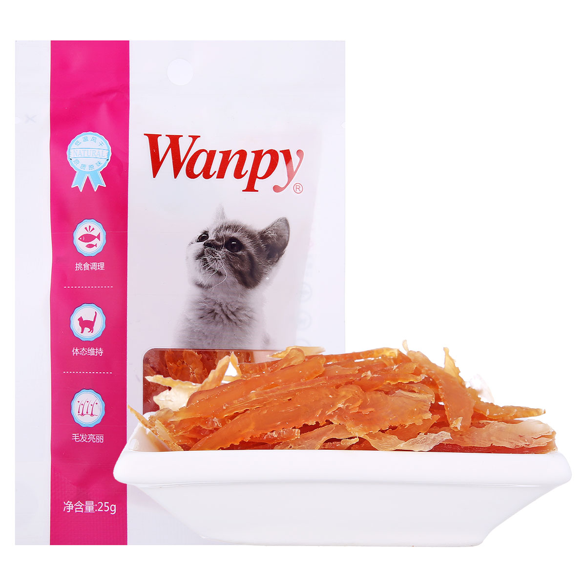 波奇网 顽皮Wanpy猫用金针软丝25g鸡肉味的肉干洁齿美毛猫咪零食