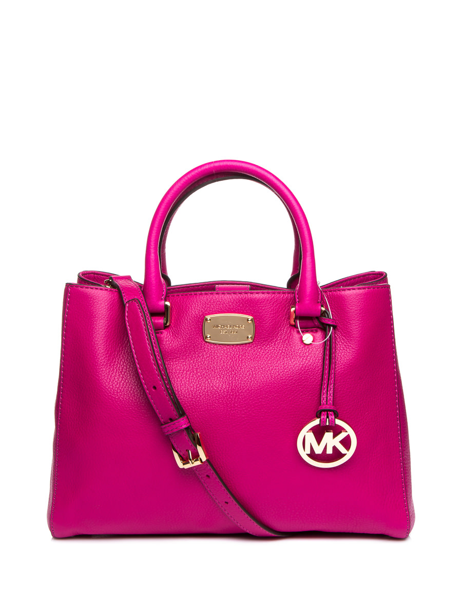 Michael Kors BEDFORD系列玫红色荔枝纹金属铭牌手提肩包