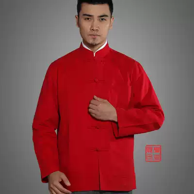 2018 New young and middle-aged men's spring and autumn long sleeves Tang suit collar Tang suit men's long sleeve coat big red solid color