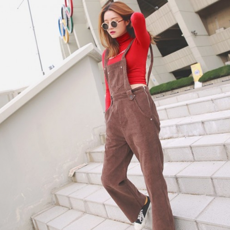韩国stylenanda官方正品 基本款灯芯绒阔腿背带裤-棕色