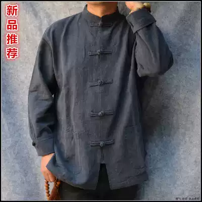 Linen long-sleeved shirt men's autumn Chinese style retro buckle cotton linen shirt dad dress middle-aged loose hemp shirt