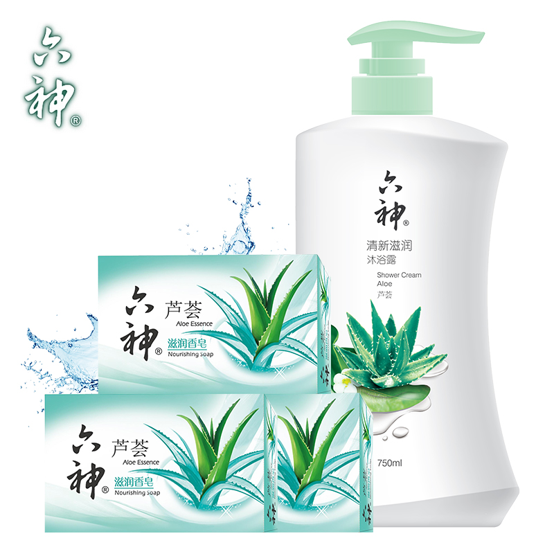 【天猫超市】六神清新滋润芦荟沐浴露750ml+六神滋润香皂125g*3