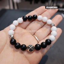 () American Chrome Hearts Obsidian White Agate 8mm Silver Bead Bead Bracelet