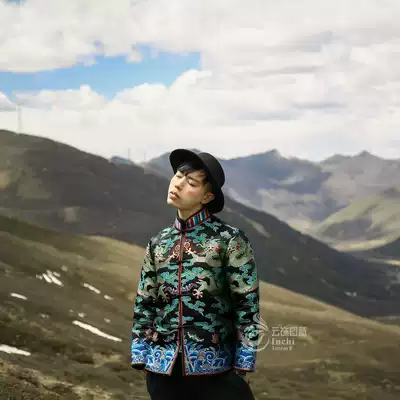 Cloud decoration totem original design Men's tops Ethnic style brocade satin loose version of personality coats Tops outerwear