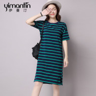 2018 mùa hè của phụ nữ lỏng lẻo ngắn tay T-Shirt ăn mặc phía dưới Hàn Quốc phiên bản của phần dài của bông sọc là mỏng váy