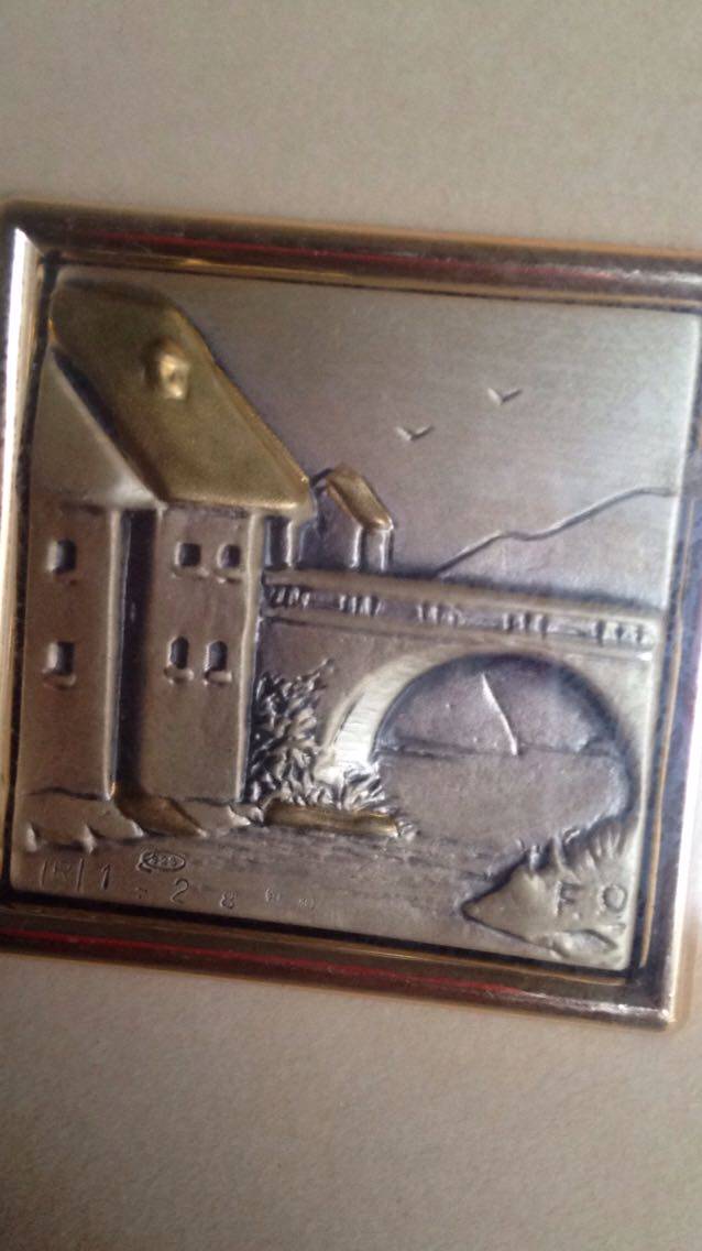 French gold, silver, copper and tin painting small houses on the riverside of the country 925 silver gold-plated 13*13cm frame