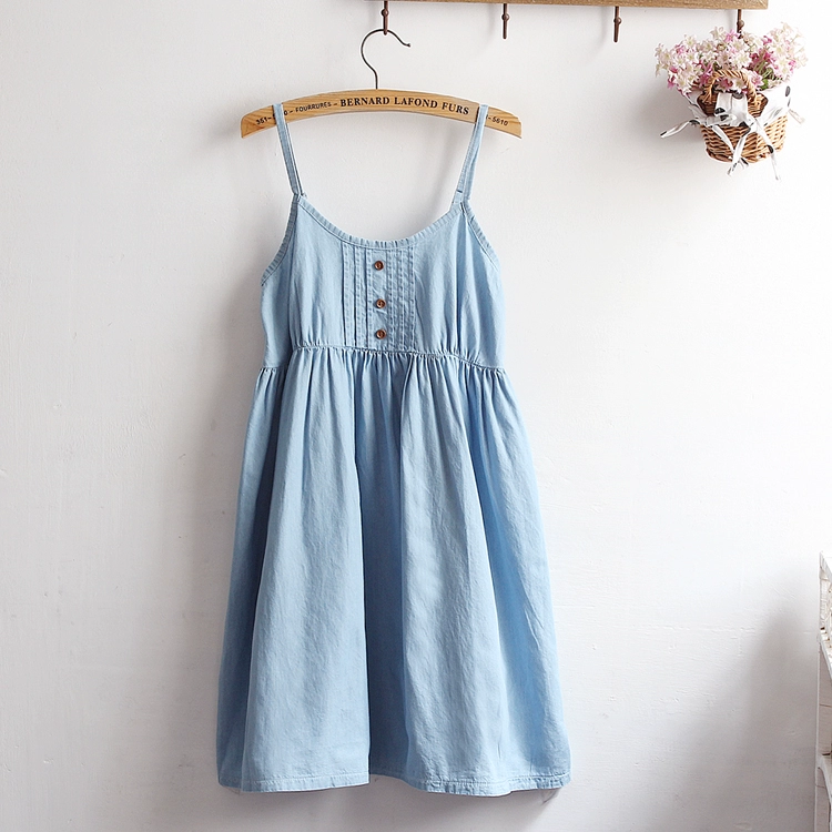 Phong cách mềm mại mùa hè mới của Nhật Bản retro màu rắn cạp cao váy xếp ly denim xếp ly, váy chữ A nhỏ tươi mát - Váy eo cao