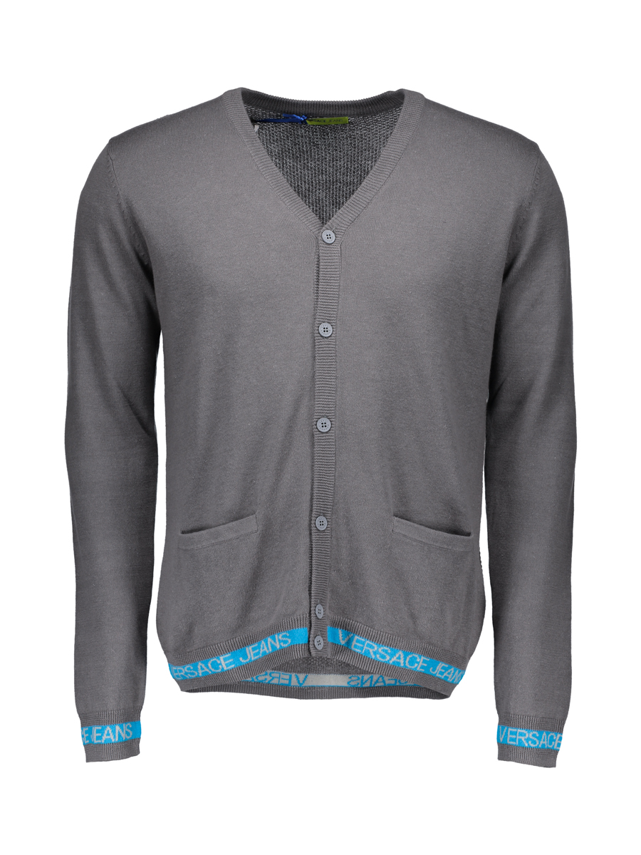 versace jeans 灰色V字领下摆字母饰针织开衫