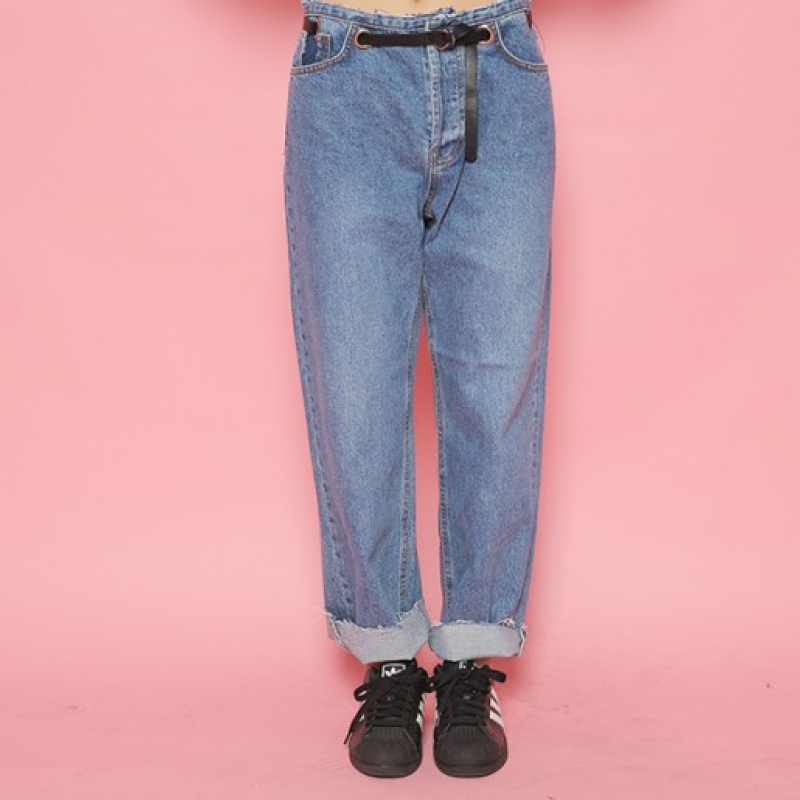 韩国stylenanda官方正品 时尚款腰带装饰阔腿牛仔裤-牛仔蓝色