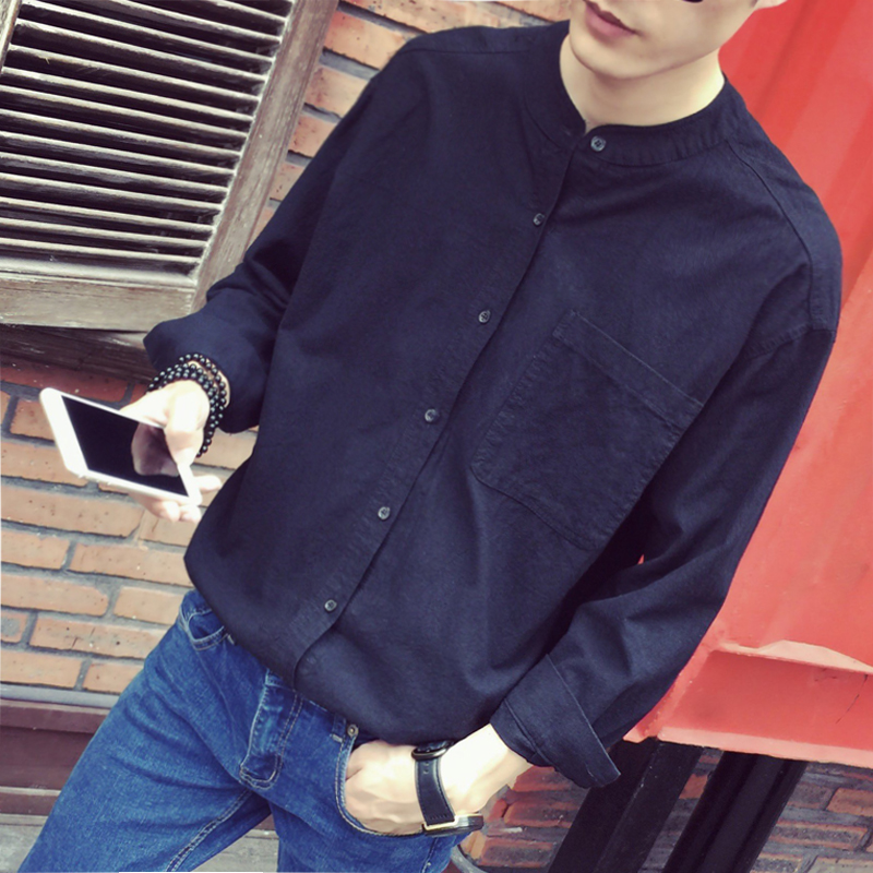 秋装新款日系复古潮男立领亚麻衬衣韩版宽松男士青年棉麻长袖衬衫