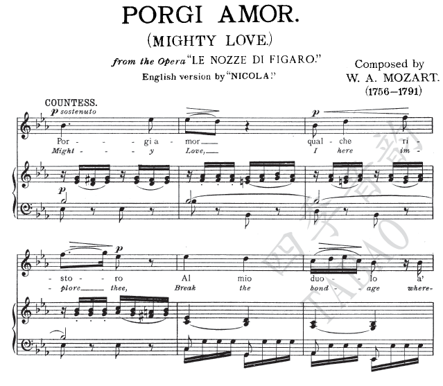 Fegaro's wedding Porgi Amor (pleas for God to give me comfort) vocal score piano accompaniment
