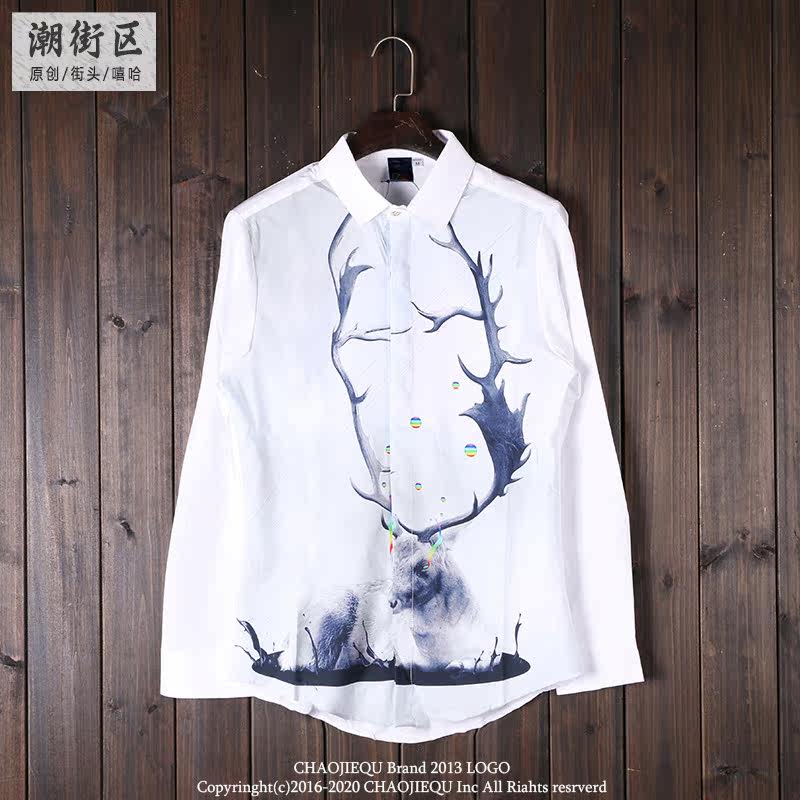 2017秋装新品创意趣味小鹿动物印花绅士男方领长袖衬衫白色衬衣