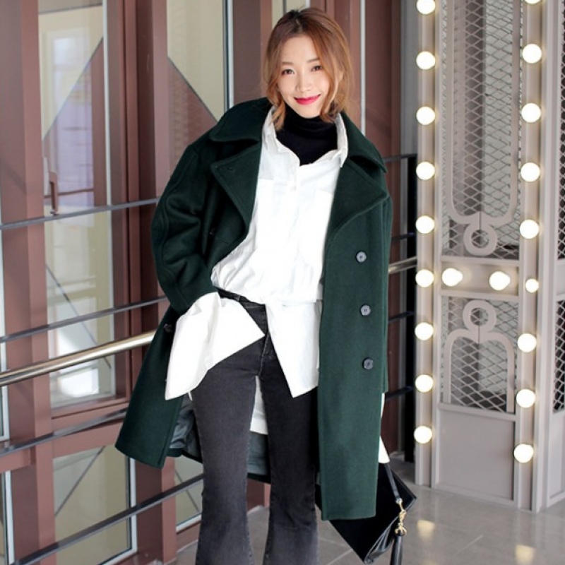 韩国stylenanda官方正品 知性风翻驳领双排扣长版大衣-绿色