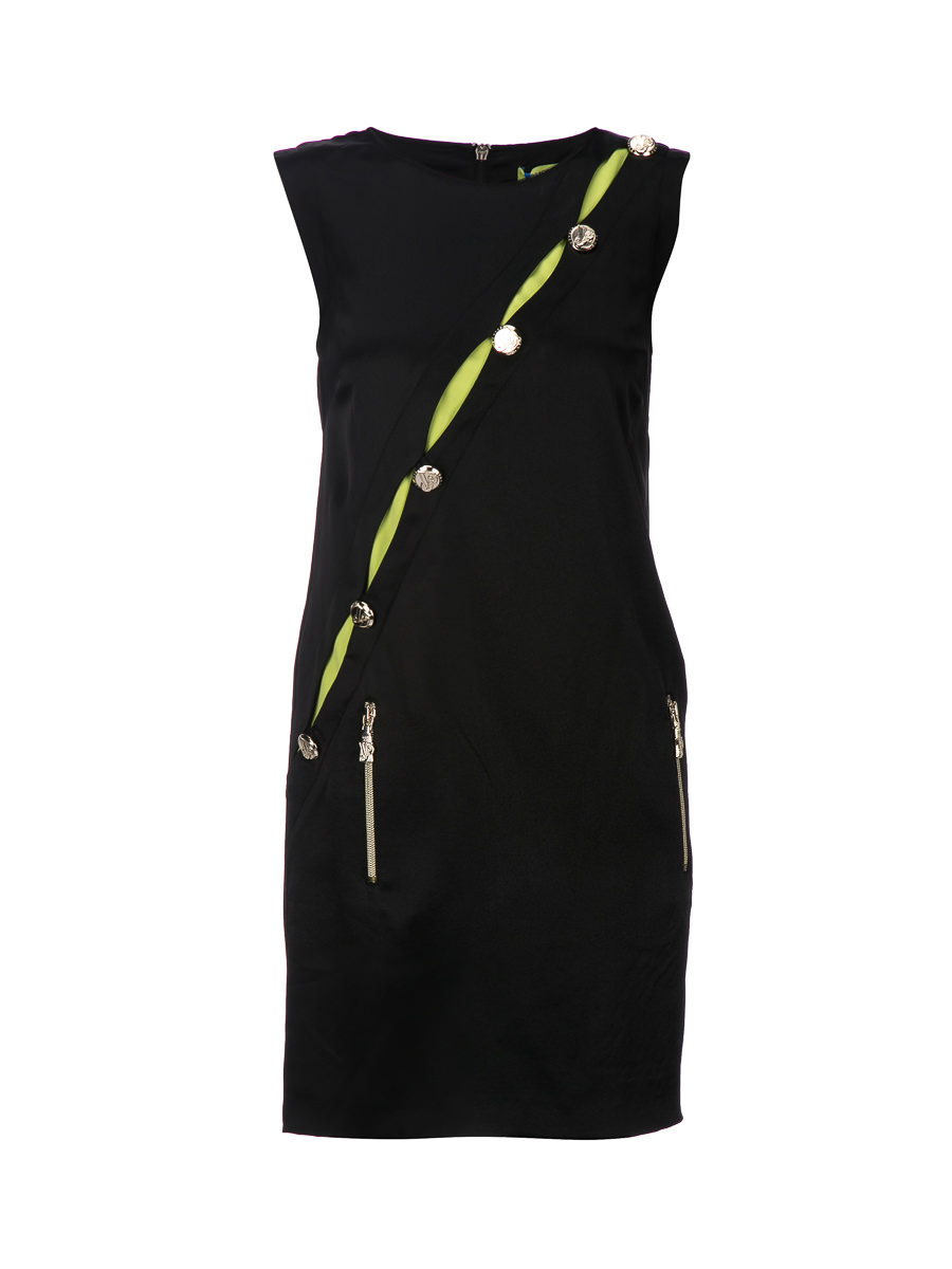 versace jeans 黑色钮扣拼接无袖连衣裙