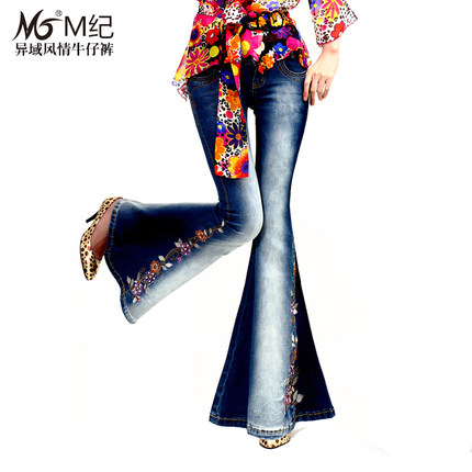 M纪2018春夏民族风弹力中腰大喇叭牛仔裤女