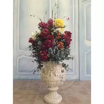High-end retro figure relief stone European Roman column flower pot floor decoration hotel club decoration vase