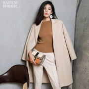 Mùa thu mới 2016 Hàn Quốc phiên bản của hai mặt cashmere coat với ve áo lông cừu đôi chiều dài áo len nữ