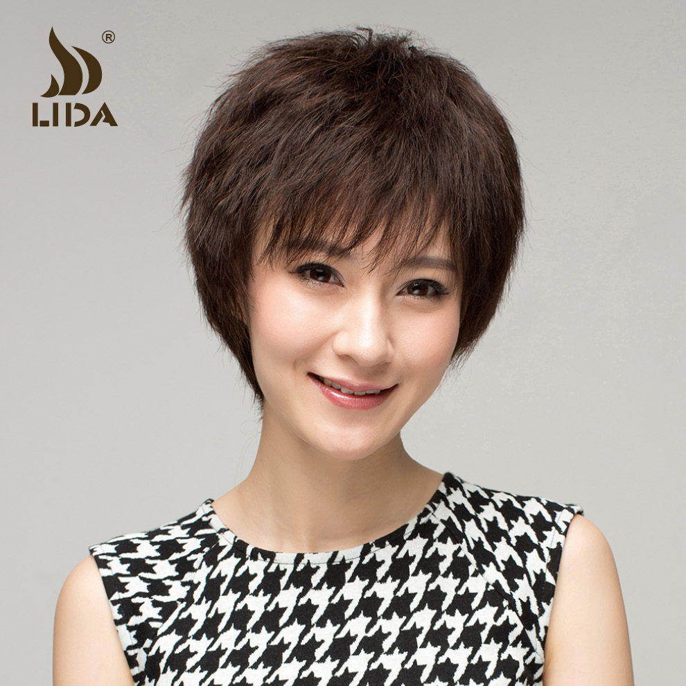 利达真发假发女 短发 真发丝假发短卷发女士 妈妈假发 中老年假发
