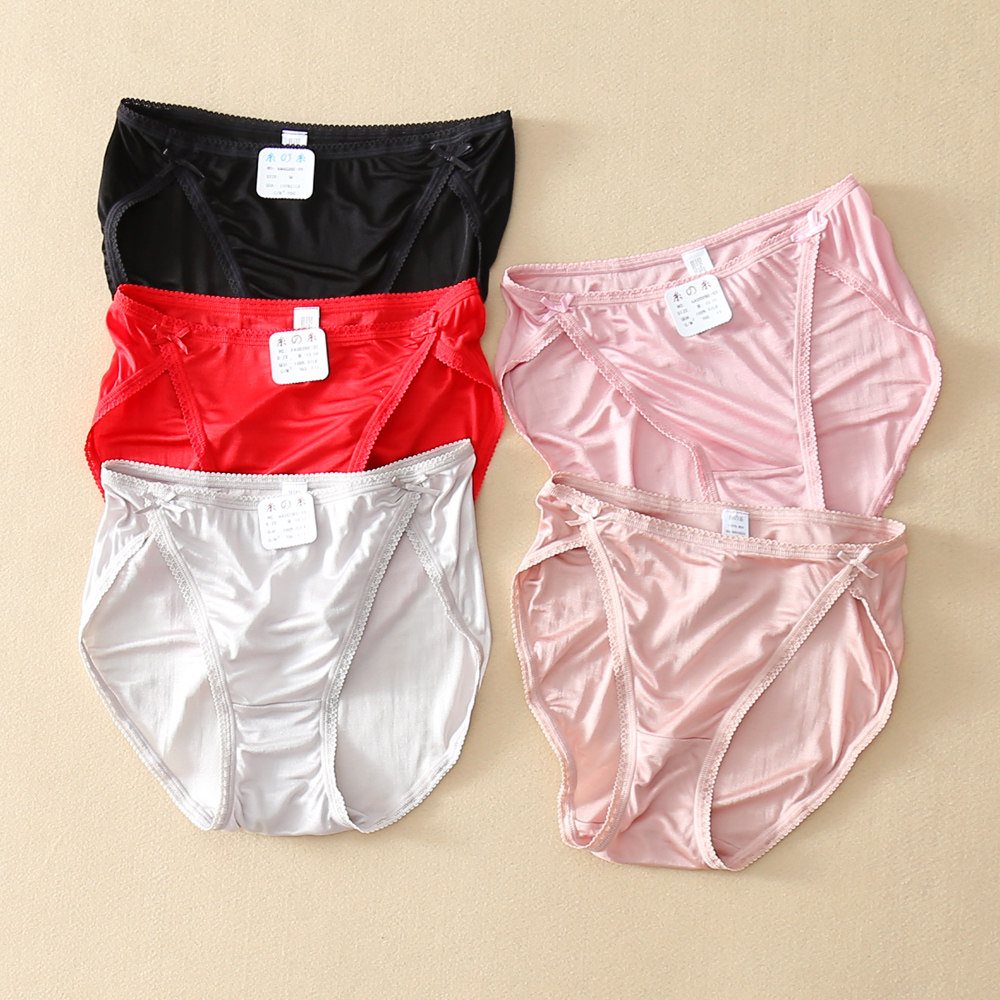 Taiwan antibacterial bowknot solid color women's 100% mulberry silk 42 knitted silk underwear low waist sexy and comfortable