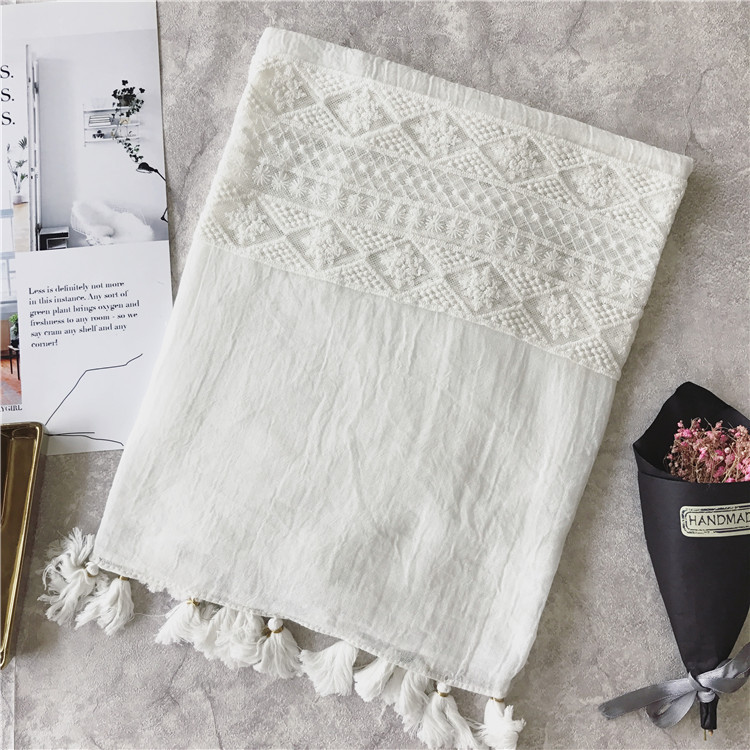 Xiaoliu spring and autumn cotton and linen shawl national style white lace scarf women's long sun protection travel seaside beach towel