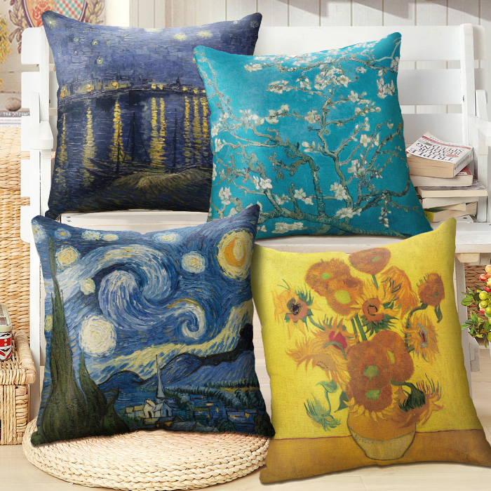 World Famous Painting Sunflower Star Moon Night Almond Blossom Van Gogh oil painting Pillow Containing Core Sofa Cushions Cover Cotton Linen headboard