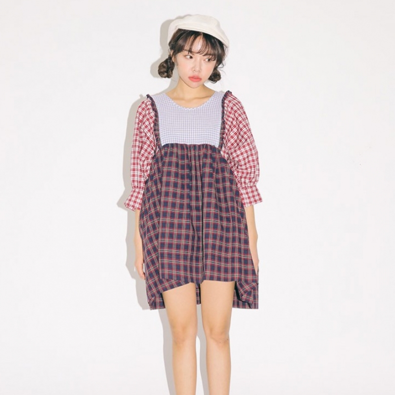 韩国stylenanda官方正品 褶裥点缀配色格纹拼接连衣裙-红色