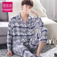 Mùa xuân và mùa hè đồ ngủ nam dài tay nhân tạo cotton lụa phù hợp với thanh niên phần mỏng cotton lụa kích thước lớn in ấn cardigan dịch vụ nhà đồ bộ pijama nữ lụa