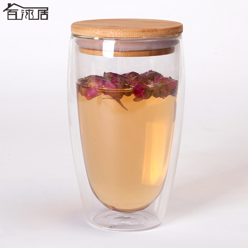 百沐居双层隔热玻璃杯 带竹盖耐热创意玻璃水杯 办公室养生花茶杯