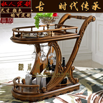 American Solid Wood Dining Car Wine Waterwheel Small Cart Home High-end Retro Sculpture Flower Villa Restaurant Tea Waterwheel Preparation Dining Car