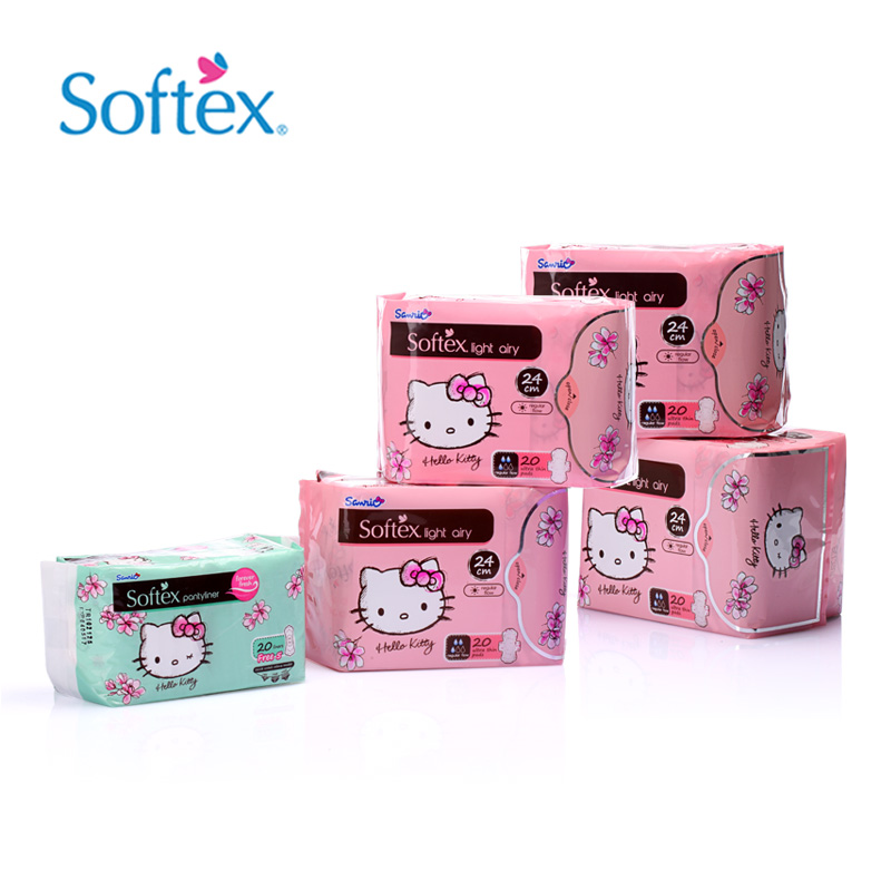 【宁波仓】Softex Hello Kitty 日用超薄纯棉卫生巾护垫5包组合装