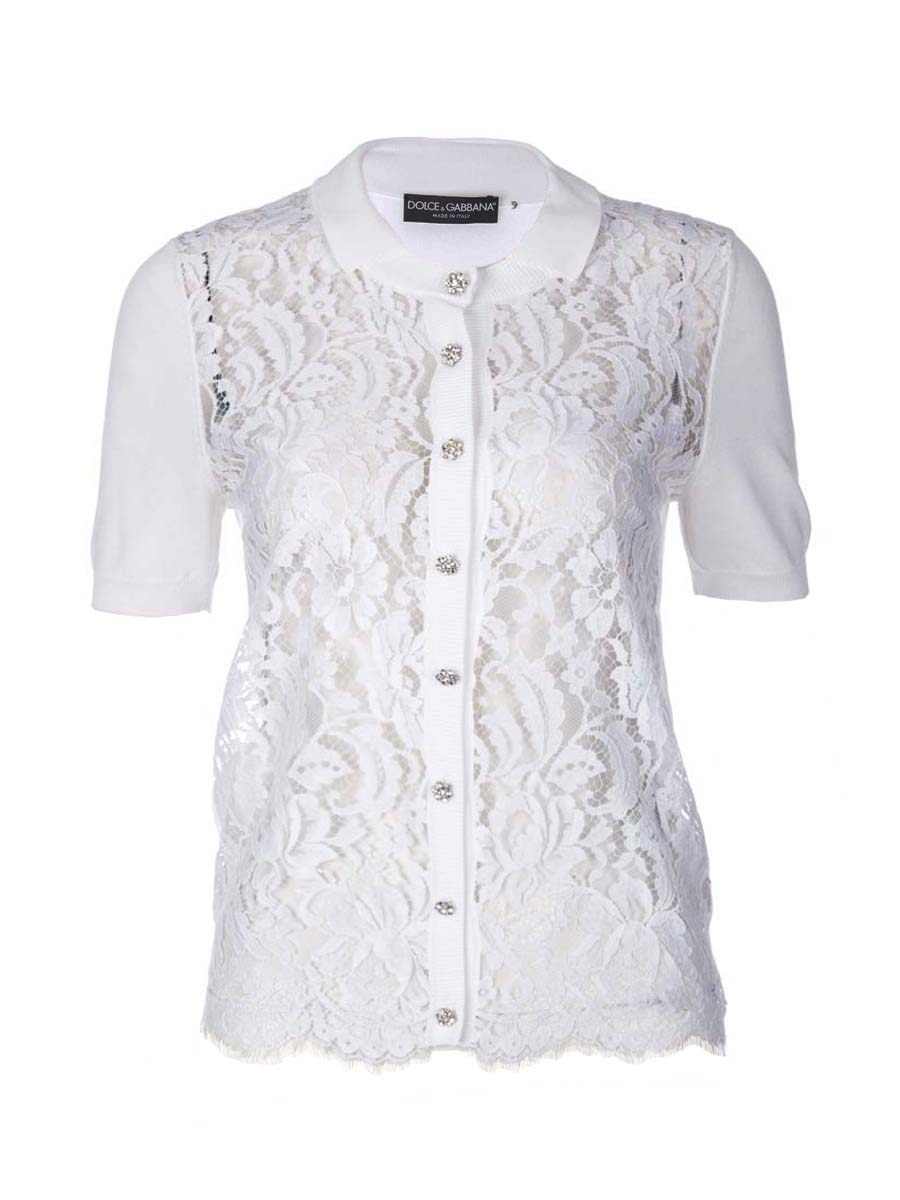Dolce&Gabbana 白色蕾丝设计开襟短袖上衣