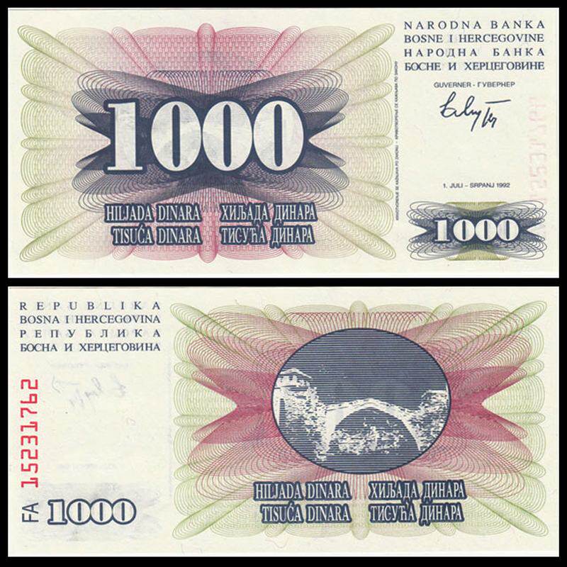 (Europe) Brand New UNC Bosnia and Herzegovina 1000 Dinars 1992