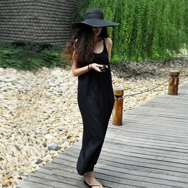 2020 quần áo mùa hè mới của phụ nữ Châu Âu và Mỹ màu rắn siêu dài cotton lỏng treo váy dài váy đen trắng - Váy eo cao