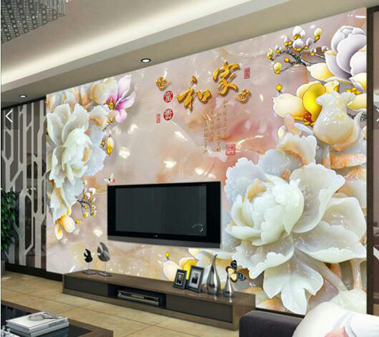 Tile Background Wall Genguan Aisle Living Room TV Sofa Background Crystal Glazed and Peony Jade Sculpture 3D Order