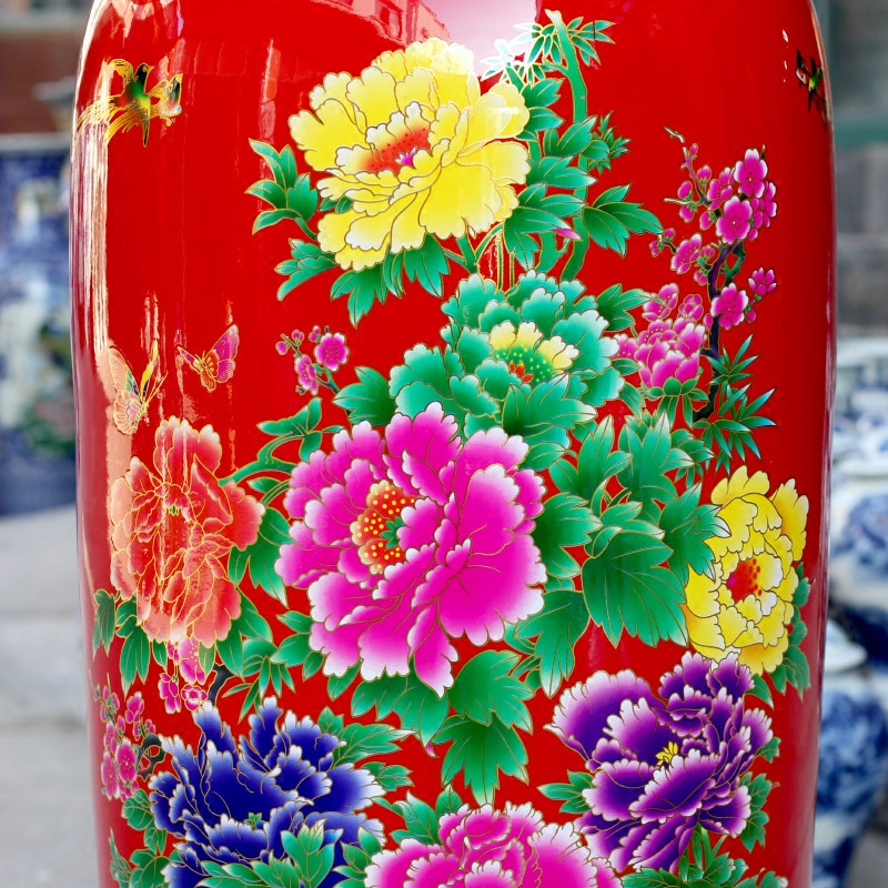 Jingdezhen ceramics China red color big vase peony hotel home sitting room ground adornment large - sized furnishing articles