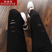 Quần legging lỗ khoét mùa thu đông phiên bản Hàn Quốc của quần nữ mặc bó sát màu đen bó sát chân bút chì cộng với quần nhung dày