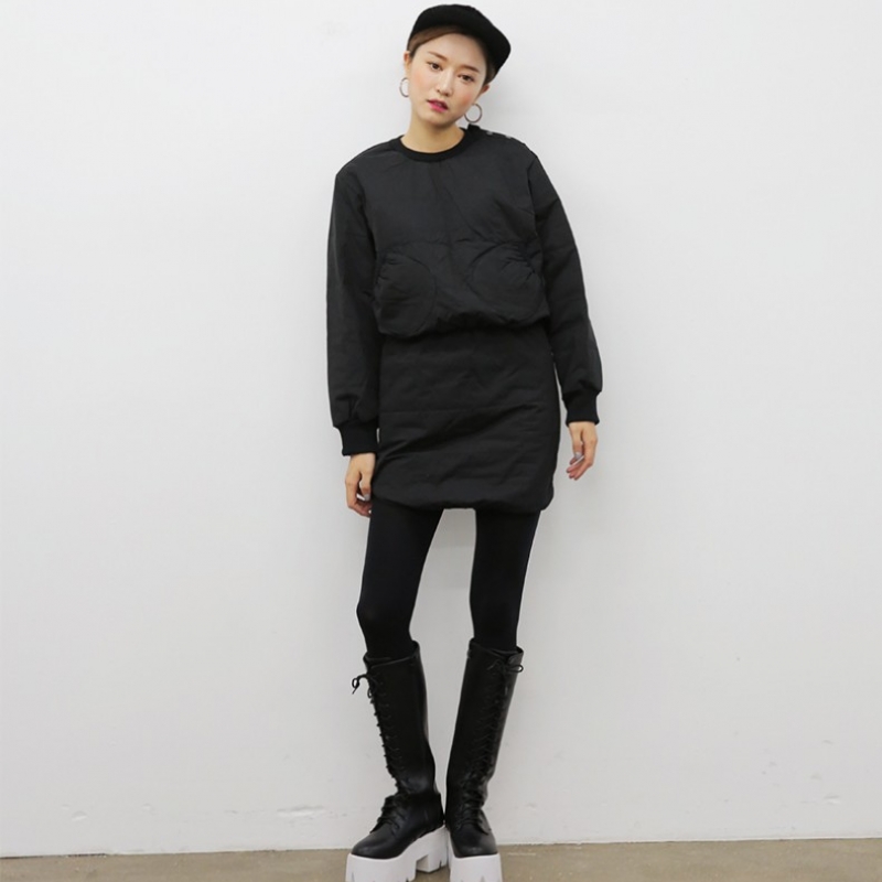 韩国stylenanda官方正品 时尚纯色摁扣衣领压棉卫衣短裙套装-黑色