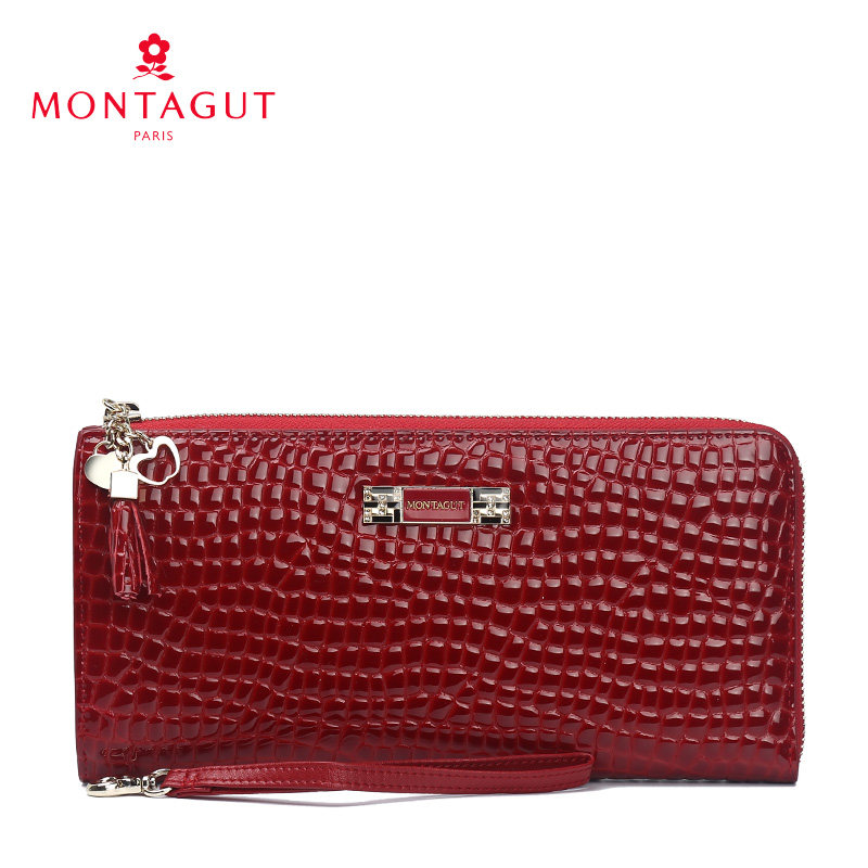 Montagut/梦特娇长款牛皮手包时尚鳄鱼纹女士多功能钱包