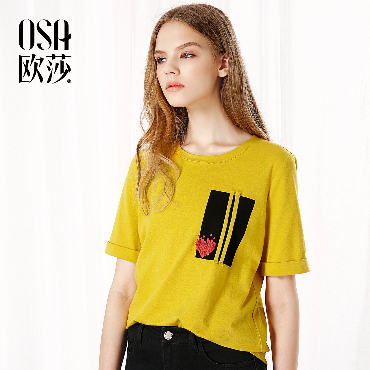 OSA欧莎2017秋装新款女装印花百搭圆领短袖T恤宽松修身上衣C11008